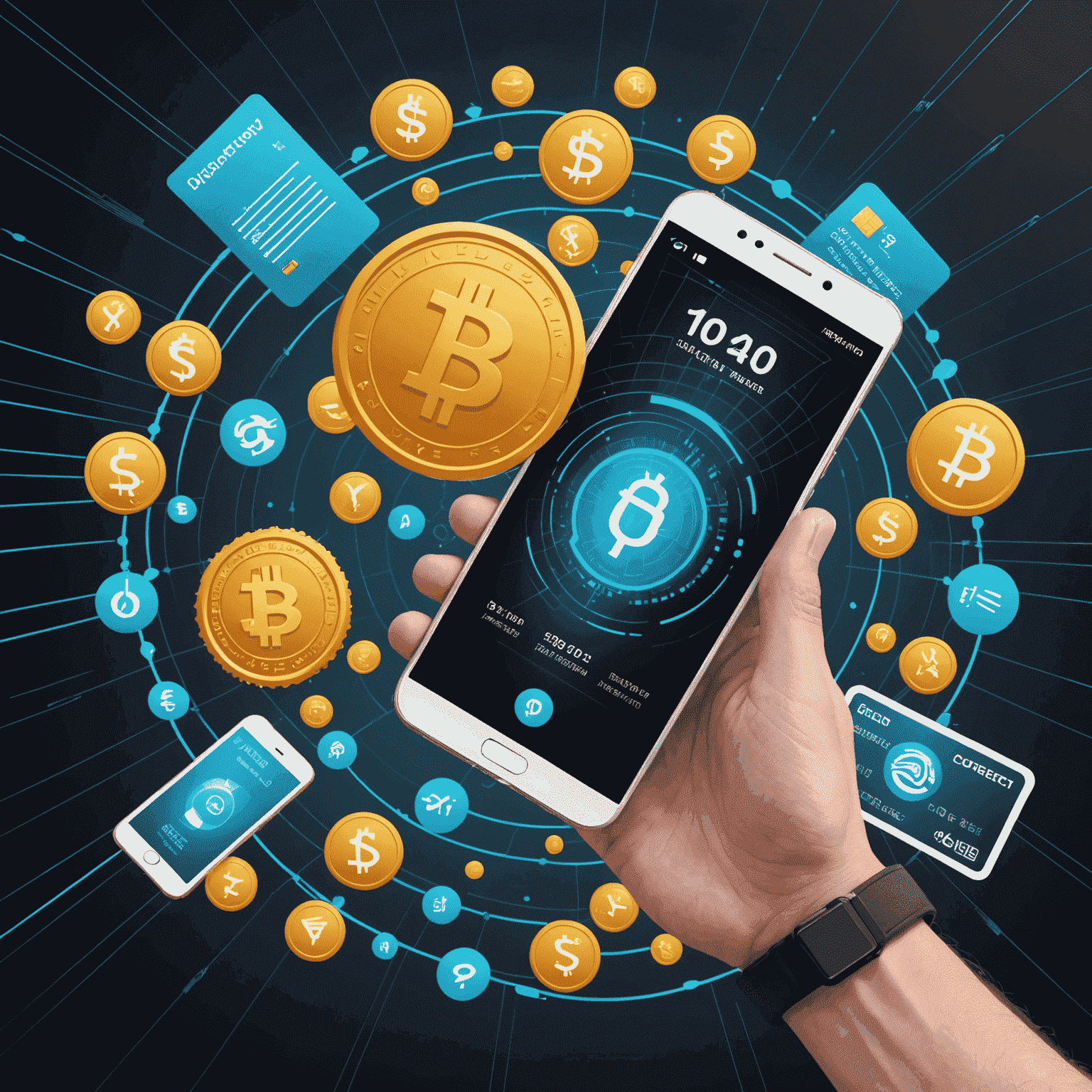 A futuristic image depicting various quick pay methods like mobile phones, smartwatches, and contactless cards surrounded by digital currency symbols and speed lines to represent the revolution in payment technology