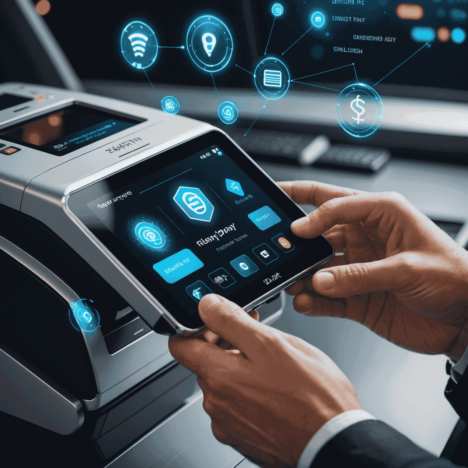 A futuristic digital payment interface showcasing quick pay technology, with holographic icons representing various payment methods and a hand hovering over to make a selection
