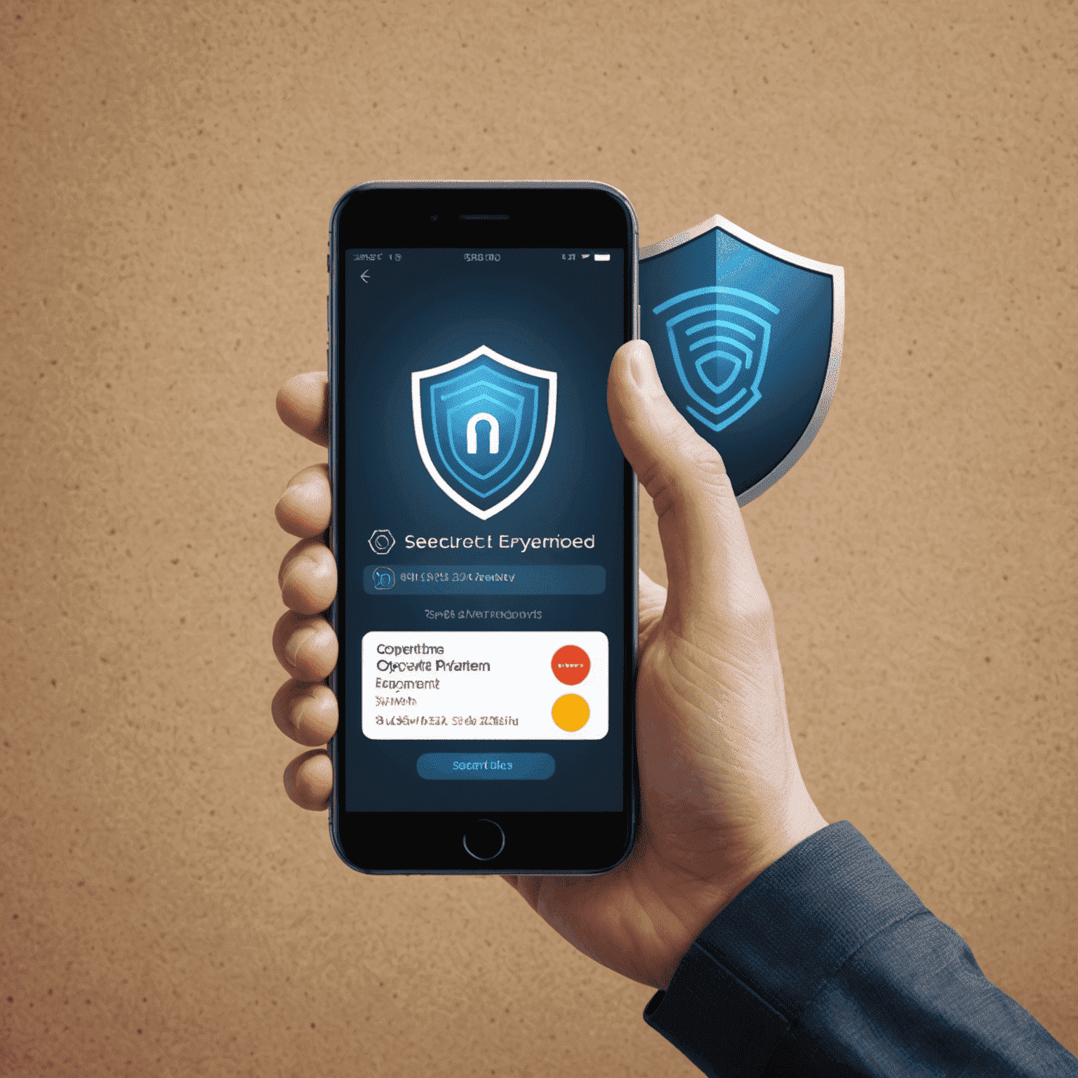 A secure mobile payment interface showcasing various security features like biometric authentication, encryption symbols, and a shield icon