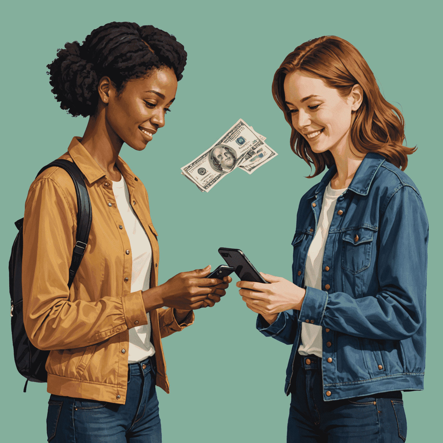 Illustration of two people exchanging money through smartphones, representing peer-to-peer transfers