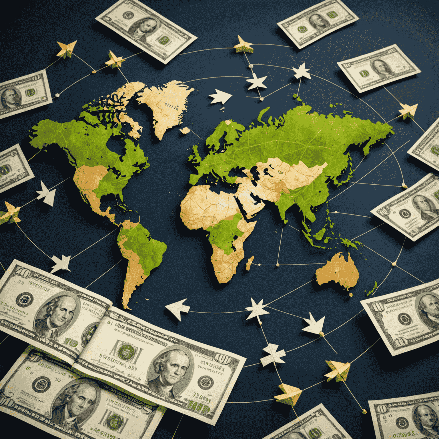 A visual representation of international money transfer showing currency symbols and arrows connecting different countries