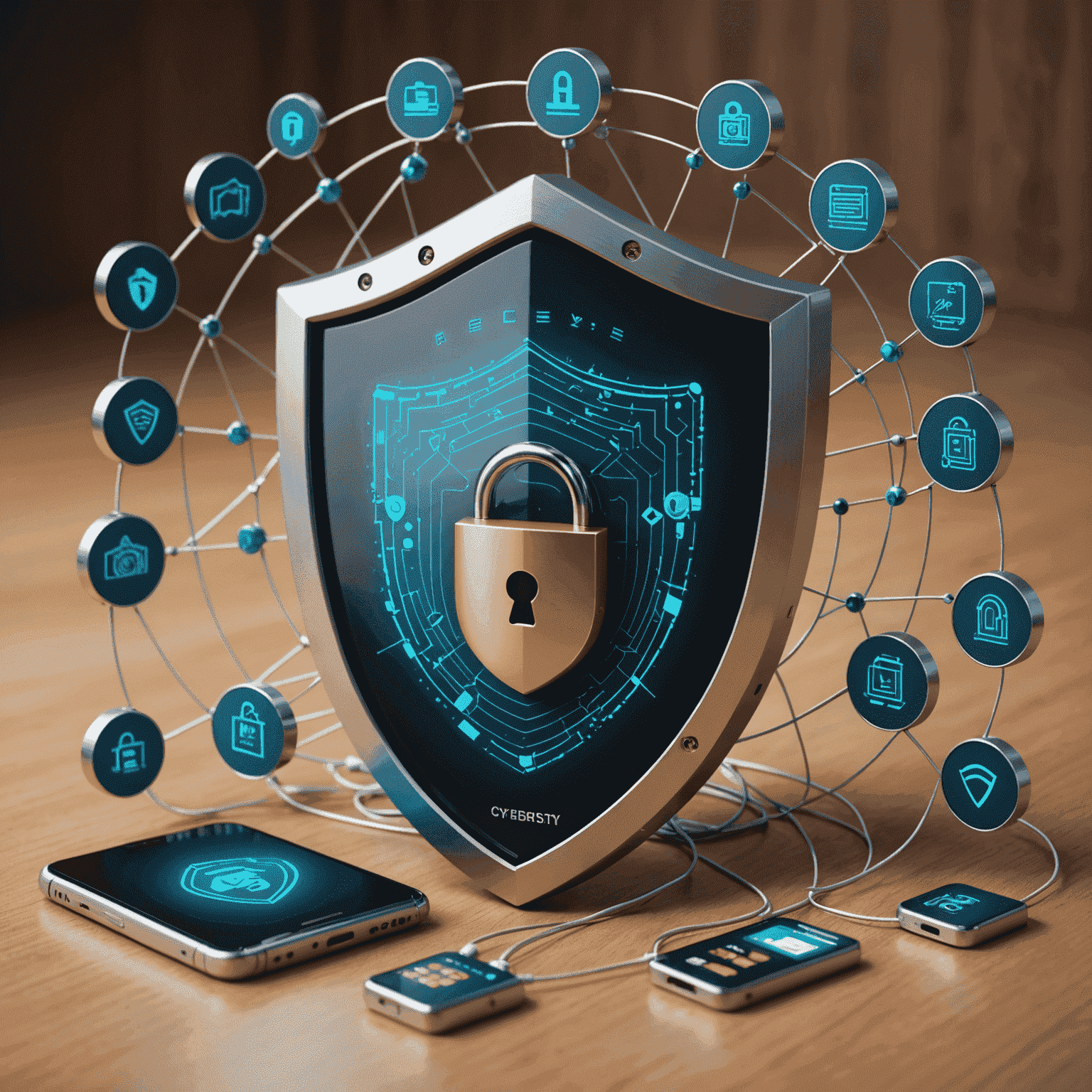 A visual representation of cybersecurity for quick pay systems, showing a shield protecting a smartphone with payment icons, surrounded by locks, encryption symbols, and a secure network grid