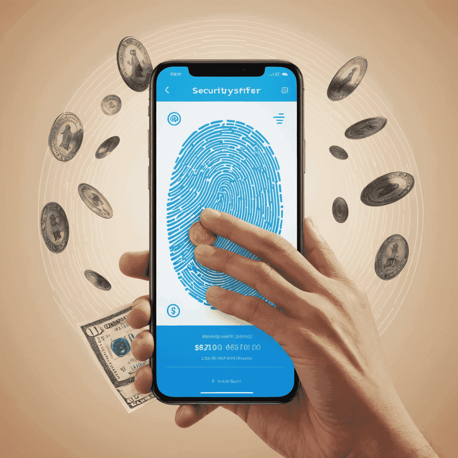 A split-screen image showing a fingerprint scan on one side and a rapid money transfer animation on the other, symbolizing the balance between security and speed in quick pay systems