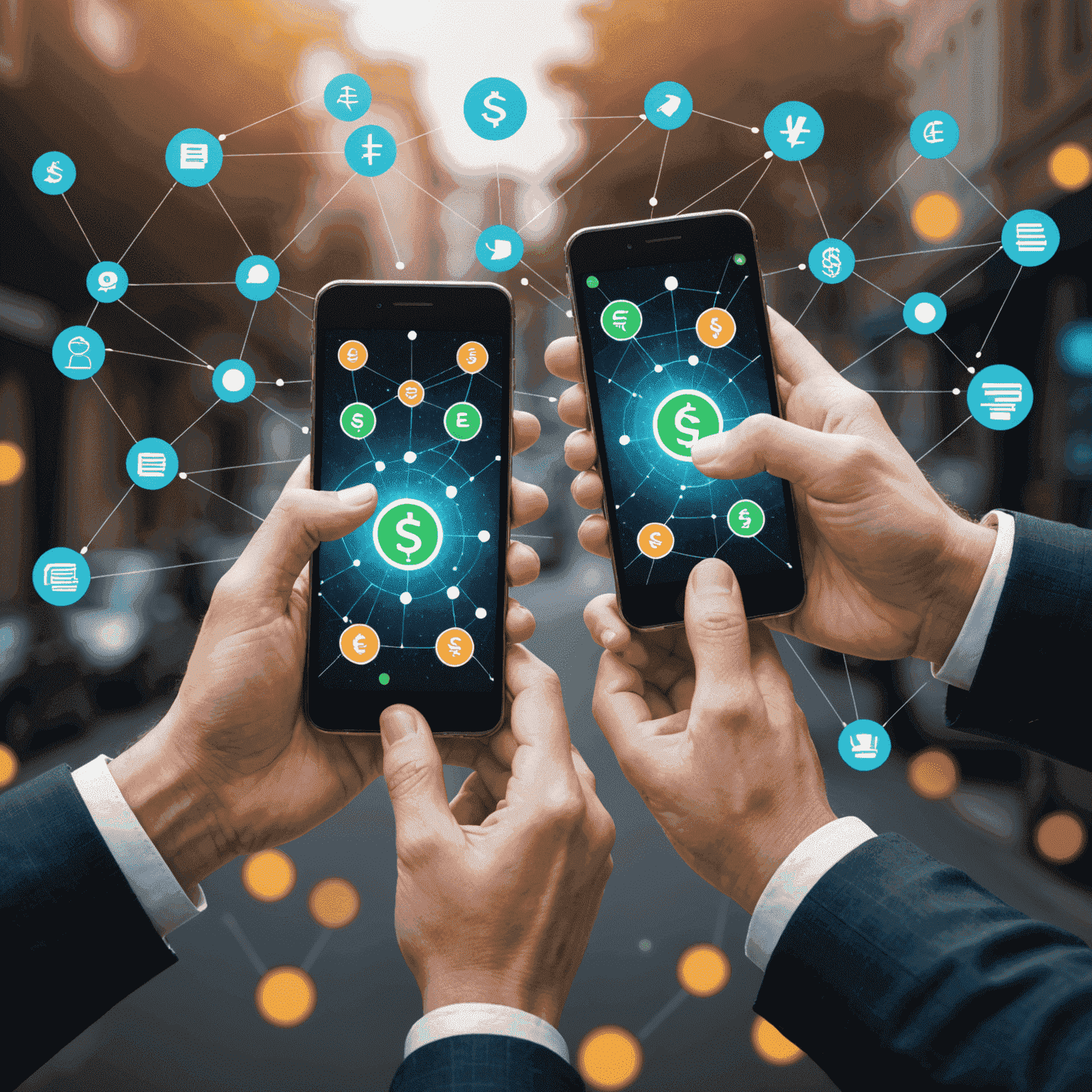 Two hands holding smartphones, with animated arrows showing money transfer between the devices. The background features a network of connected dots, symbolizing peer-to-peer connections.