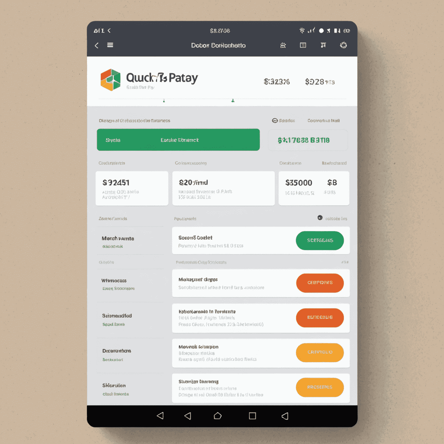 A clean, modern interface displaying a list of vendors, payment amounts, and a prominent 'Quick Pay' button. The image conveys the ease and speed of processing vendor payments.