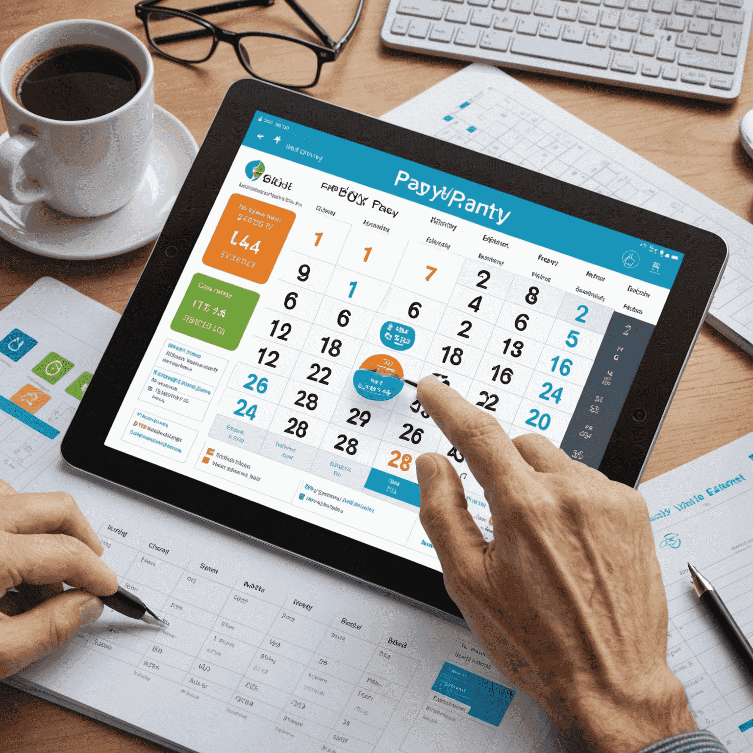 A calendar with highlighted due dates and checkmarks, surrounded by various bill icons (electricity, water, internet). A hand is shown tapping a 'Pay All' button on a tablet, illustrating the ease of bill payment.