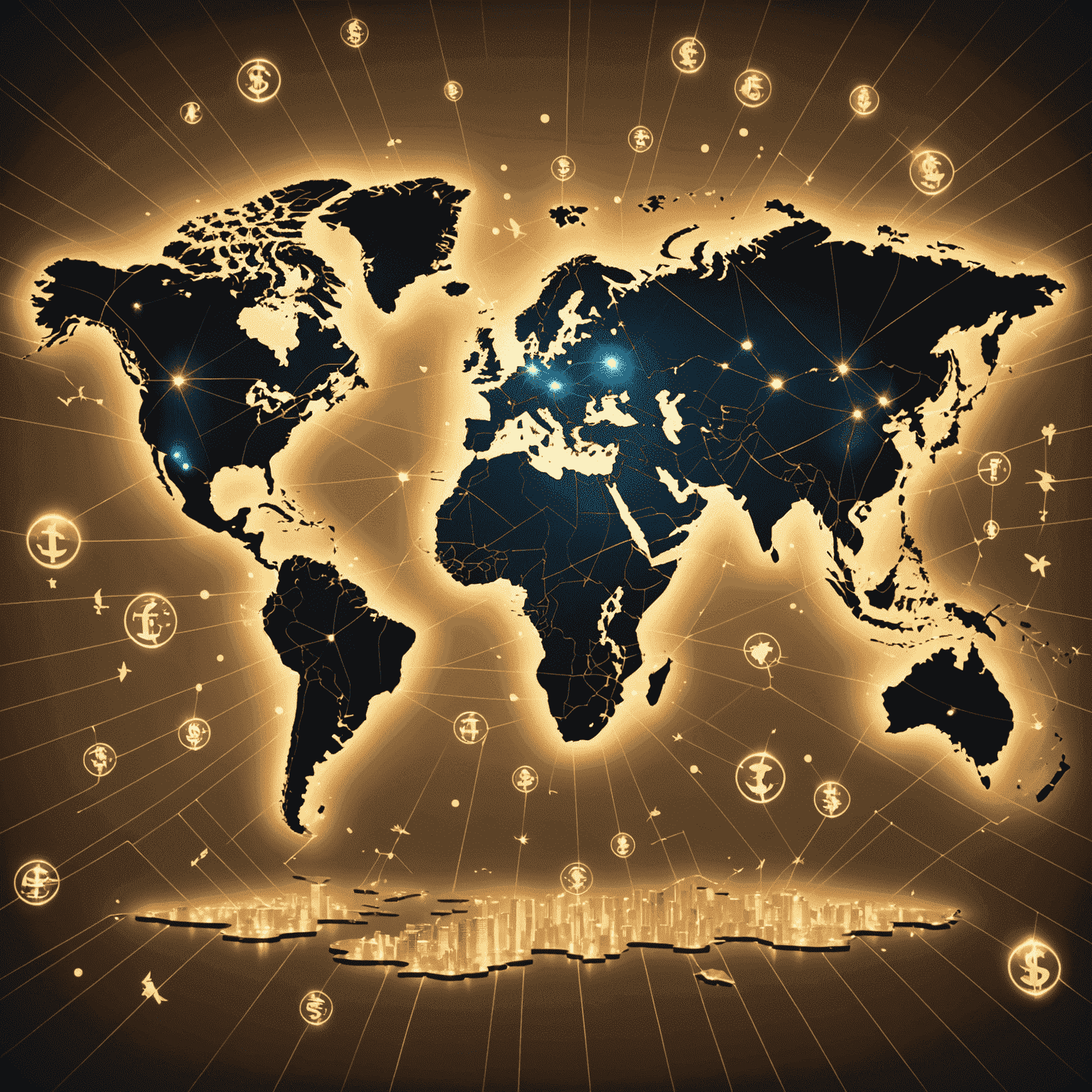 A world map with glowing lines connecting different countries, representing money transfers. Coins and currency symbols of various nations are shown flying across the map, emphasizing the international nature of the service.