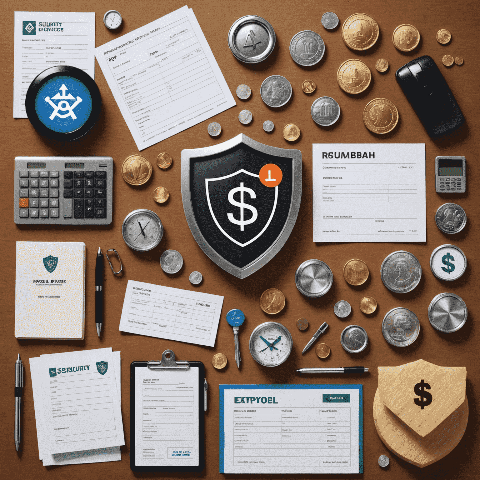 A collage of business-related images: a payroll system interface, vendor invoices, and a 'Quick Pay' button. The image also includes icons representing different currencies and a shield symbol for security.